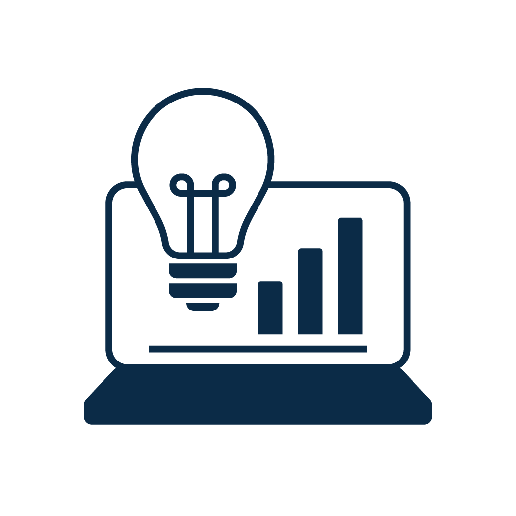 marketing insights icon - a laptop with chart and lightbulb