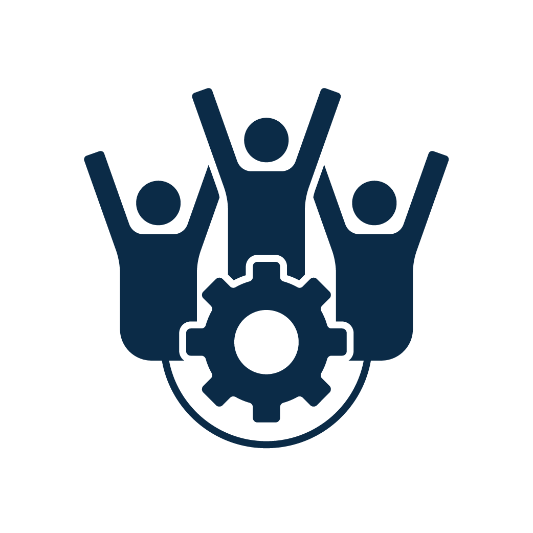 people systems icon - three people with arms raised triumphantly around a gear